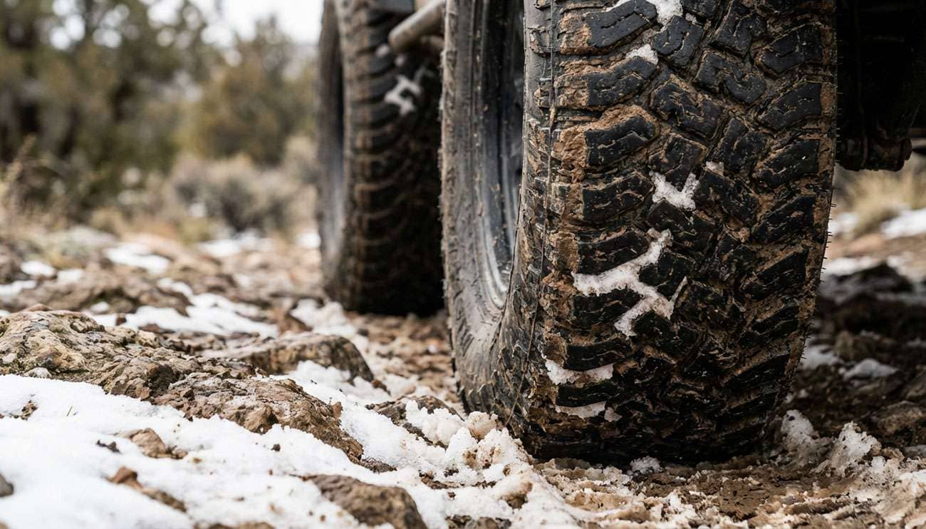 Close-up of rugged off-road tires gripping muddy and snowy terrain for adventurous driving conditions
