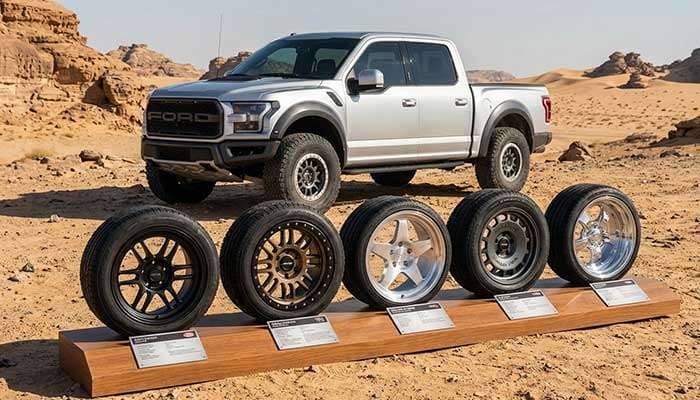 Silver off-road truck with five different budget off-road wheel designs displayed below in a desert setting