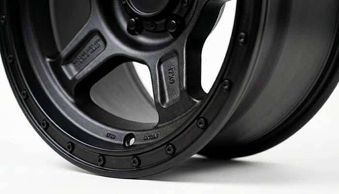 Close-up of an off-road wheel showing reinforced lip thick spokes and aggressive offset design on a clean white surface