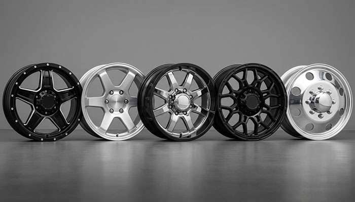 Lineup of five different off-road truck wheels showing range of designs from aggressive to refined