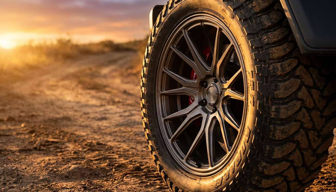 Close-up of a rugged off-road wheel with mud terrain tire on a dirt trail during sunset
