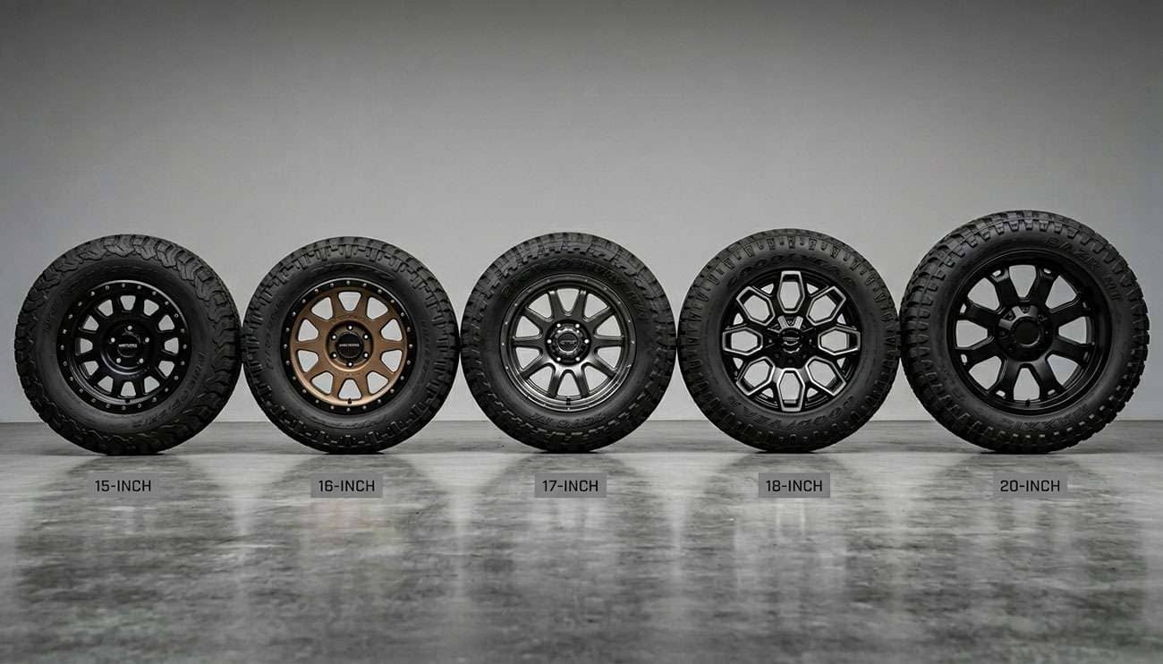 Array of off-road wheels in multiple diameter sizes arranged side by side showing 15 16 17 18 and 20 inch options with various tread-ready tire mounting surfaces