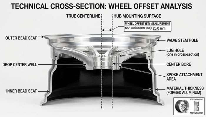 Diagram of wheel offset measured from mounting surface to wheel centerline in millimeters