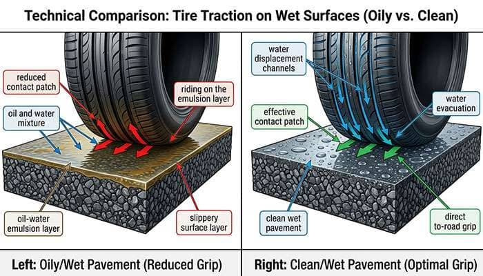 Diagram showing oil and water mixture on road surface during first minutes of rainfall versus clean wet pavement
