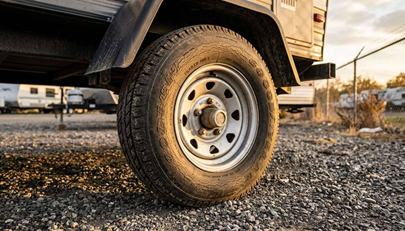 Travel trailer tire with deep tread but visible sidewall weather cracking from age, parked on a gravel storage lot