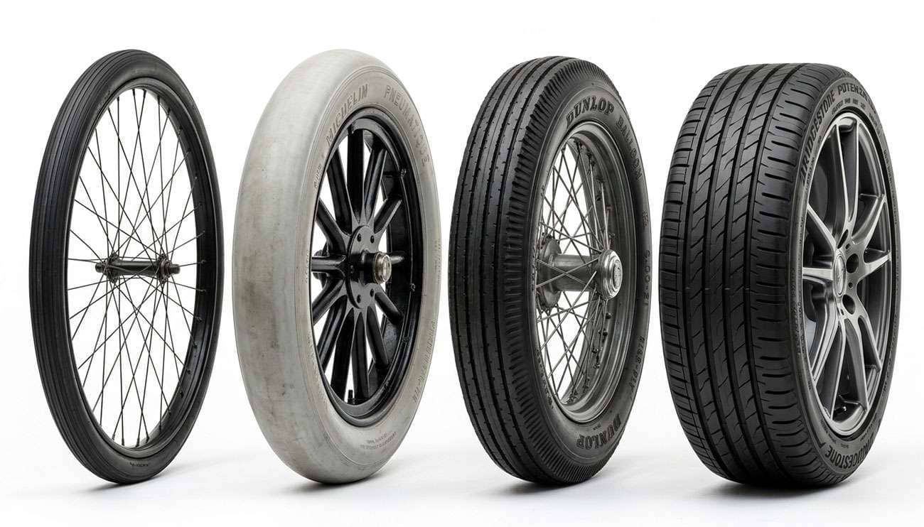 Tire evolution lineup from an 1890s pneumatic bicycle tire and an early treadless car tire to a modern radial car tire