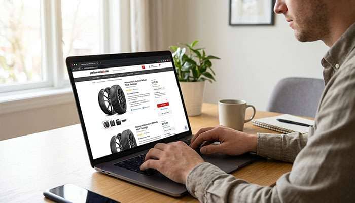 Person shopping for wheel and tire packages online on a laptop computer with multiple websites displayed