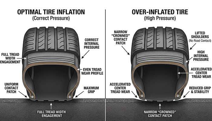 Diagram comparing the contact patch of a properly inflated tire and an overinflated tire on pavement