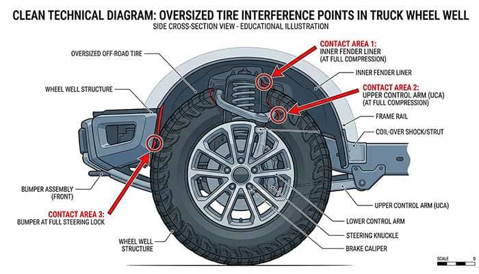Diagram showing where oversized tires contact fender well and suspension components causing rubbing