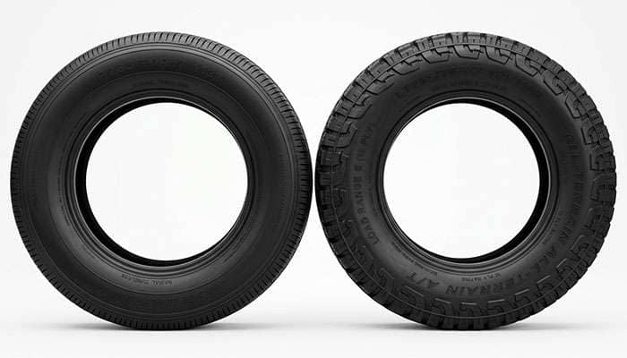 P-metric highway tire next to an LT Load Range E all-terrain tire of the same size showing the heavier light truck construction