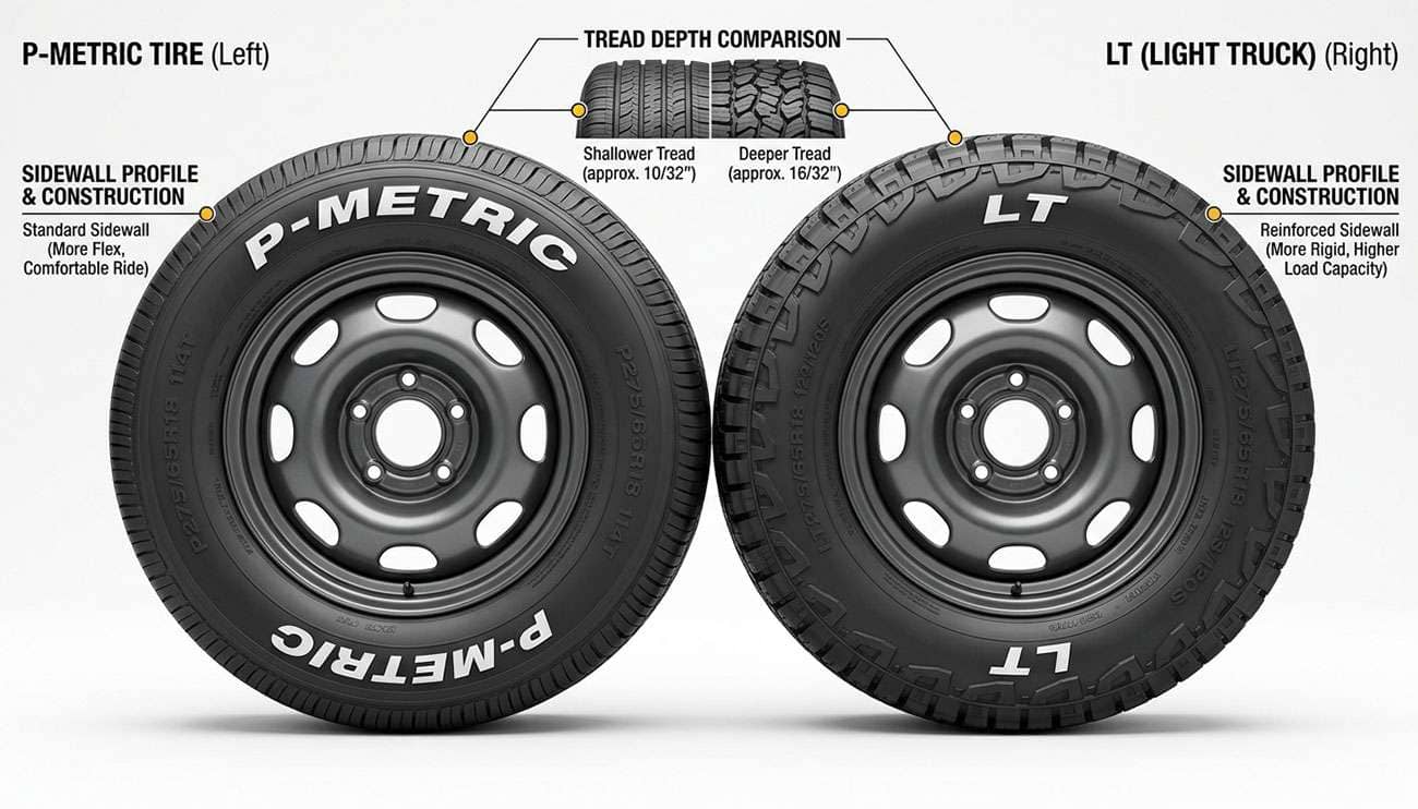 Two truck tires side by side comparing P-metric and LT sidewall designations