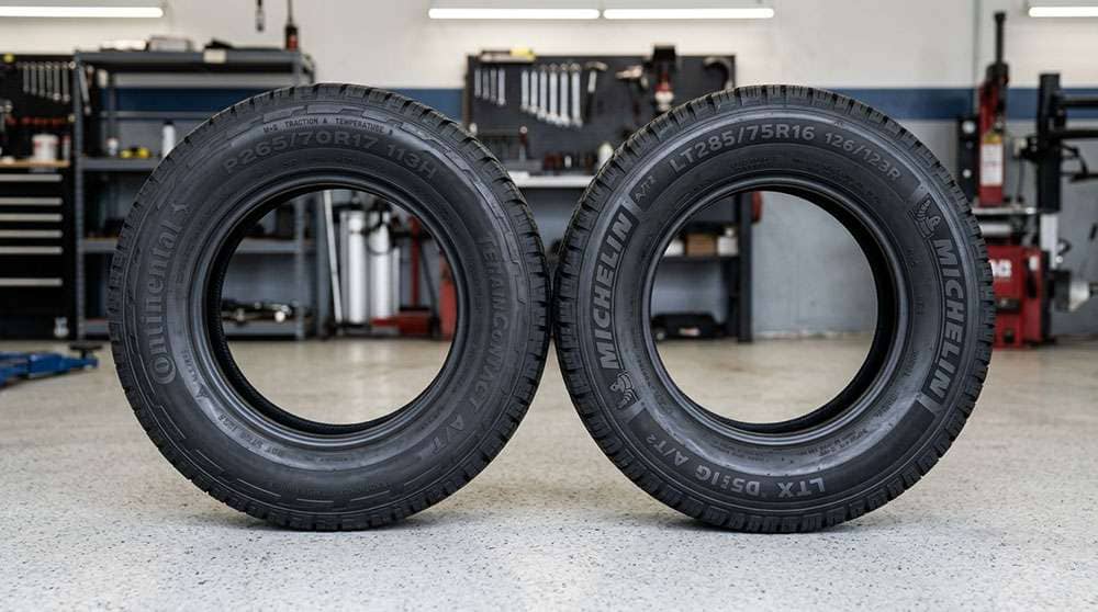 side by side comparison of a P-metric tire and an LT-metric truck tire sidewall showing the designation difference and load rating markings