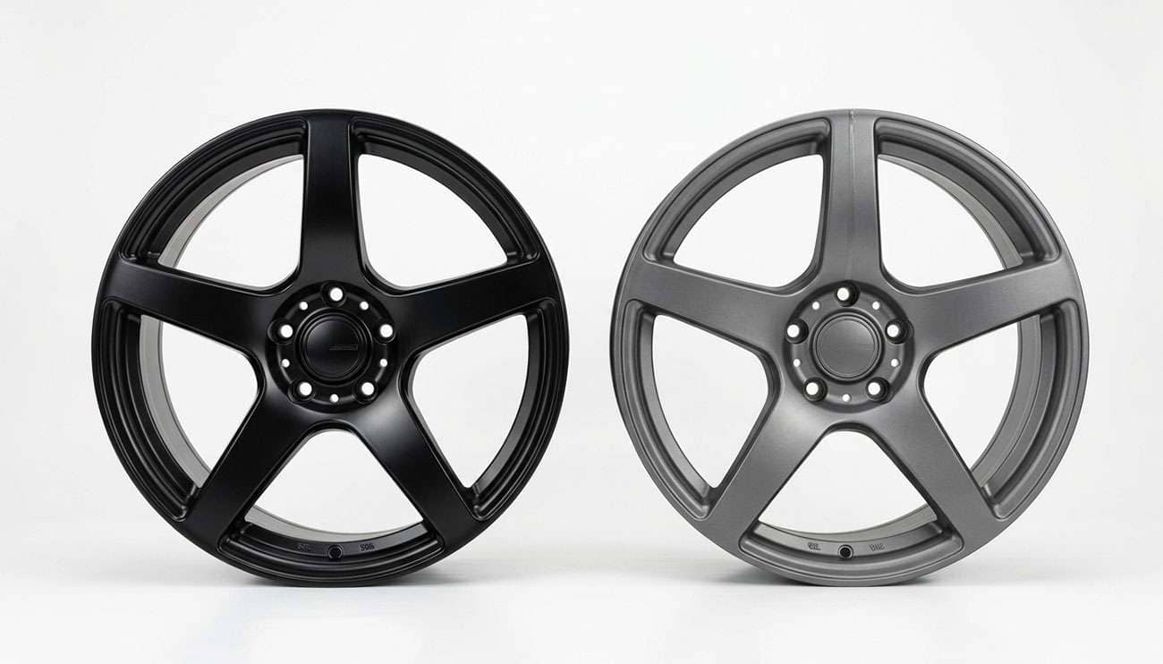 Two alloy wheels side by side on a clean white backdrop, one with a painted satin black finish and one with a vinyl wrapped finish