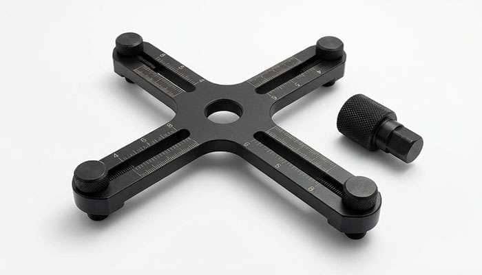 Black wheel stud installer and PCD gage tool for measuring wheel bolt patterns with multiple lug settings