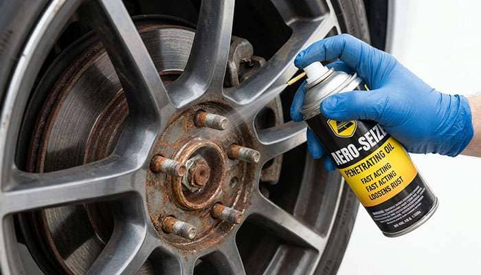 Aerosol penetrating oil being sprayed into the wheel hub area to free a stuck wheel