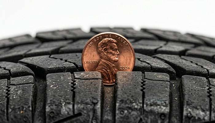 Penny test being performed on car tire tread with Lincoln head visible above tread blocks