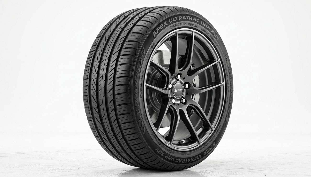 Performance SUV tire mounted on an aggressive aluminum wheel showing the tread pattern and sidewall detail