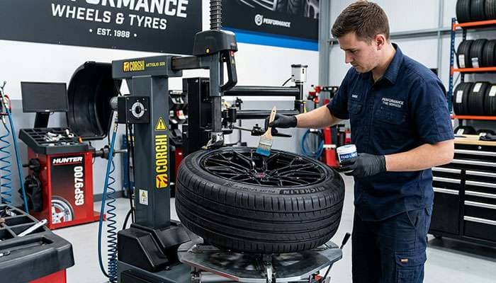 Professional tire technician mounting a high-performance tire on a sport wheel using bead lubricant