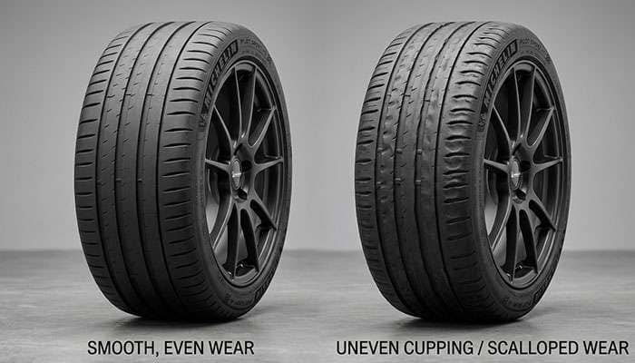 Side-by-side comparison of performance tire tread patterns showing even wear versus cupped scalloped wear