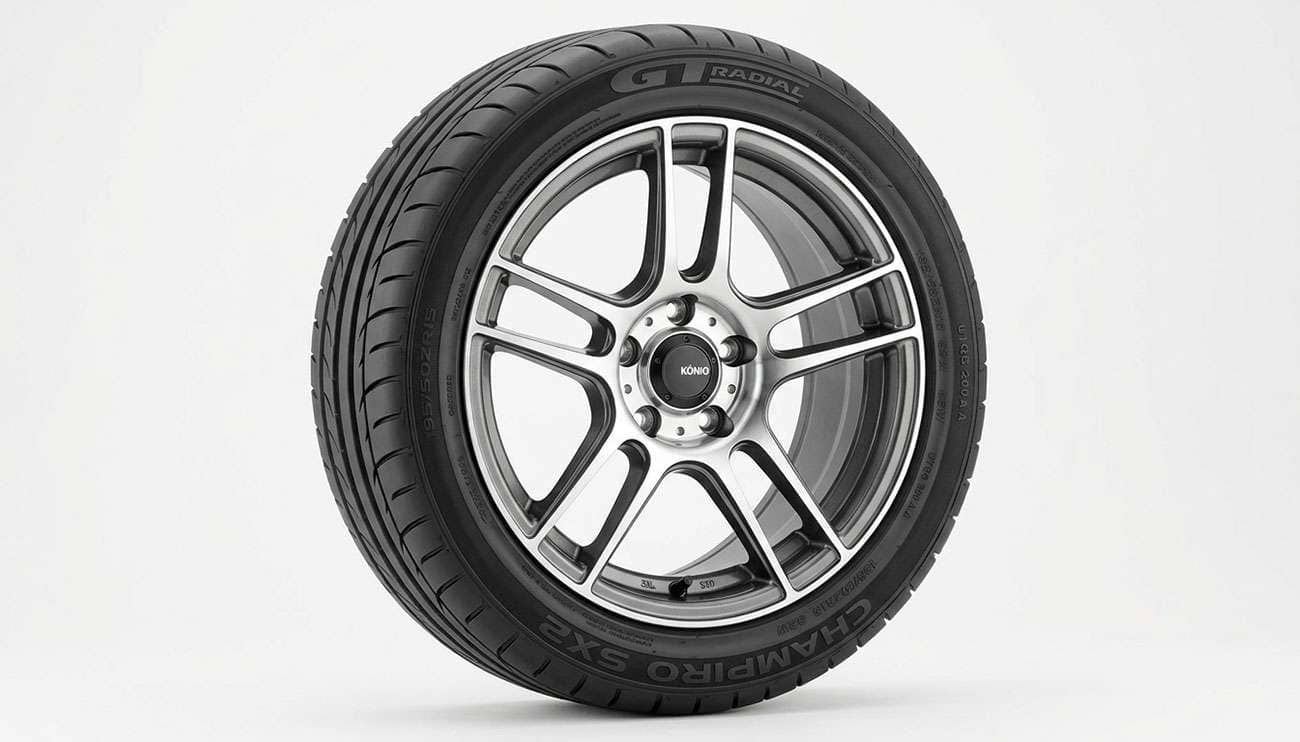 Konig Incident 15x6.5 graphite machine face wheel mounted with a GT Radial Champiro SX2 195/50ZR15 performance tire