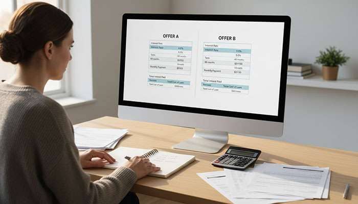 Person comparing financing offers on computer screen with calculator and documents showing different payment plans