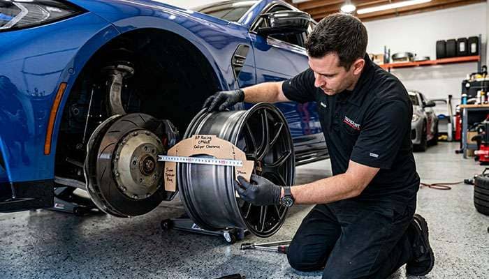 Person measuring wheel fitment on a car using a tape measure and cardboard templates.