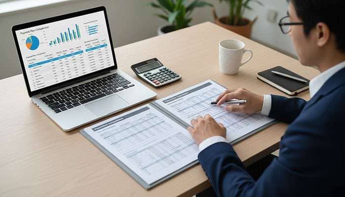 Person reviewing financing documents with laptop showing payment plan options and calculator on desk