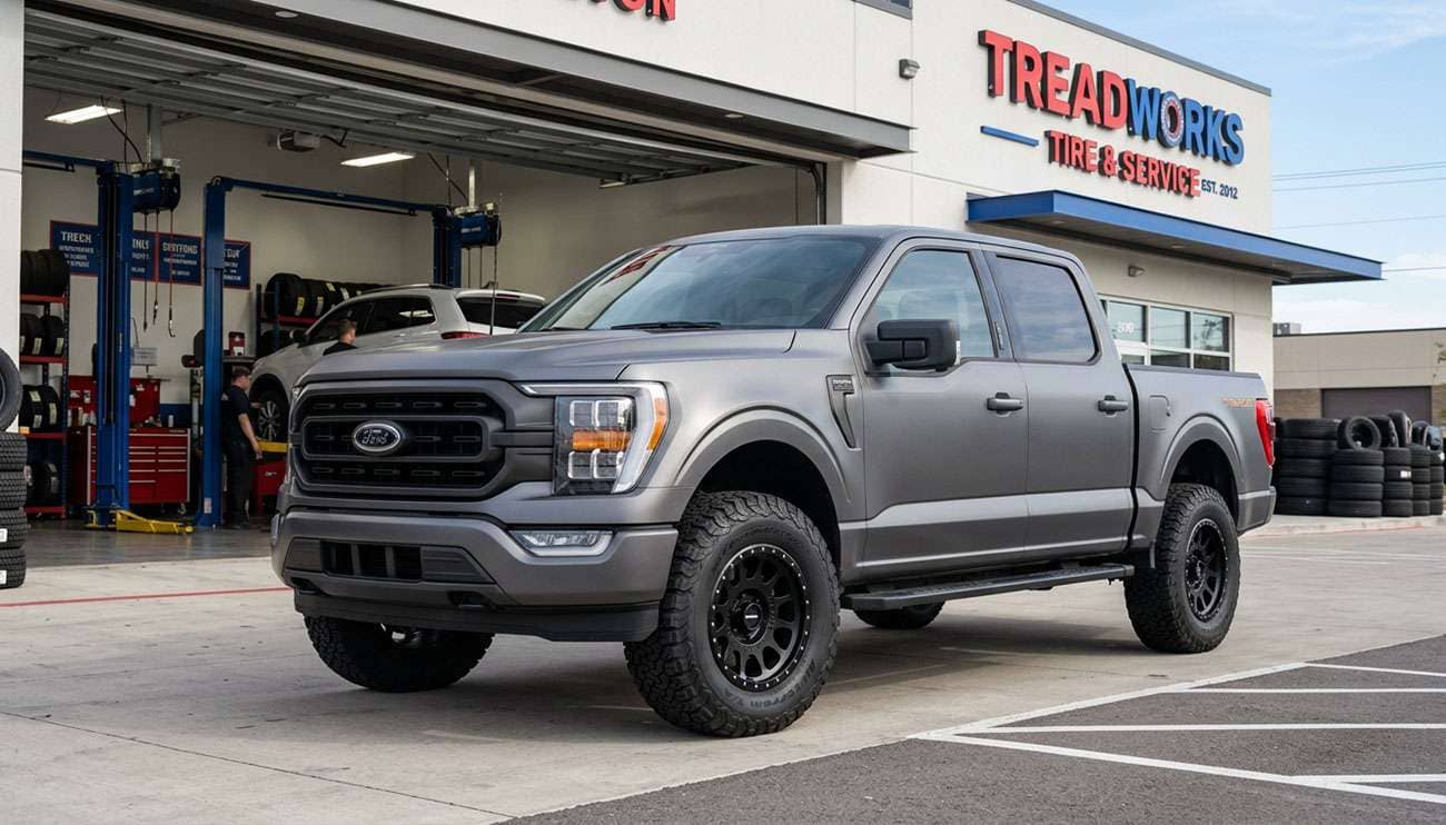 Full-size pickup truck on 35-inch all-terrain tires and black off-road wheels parked in front of a tire shop