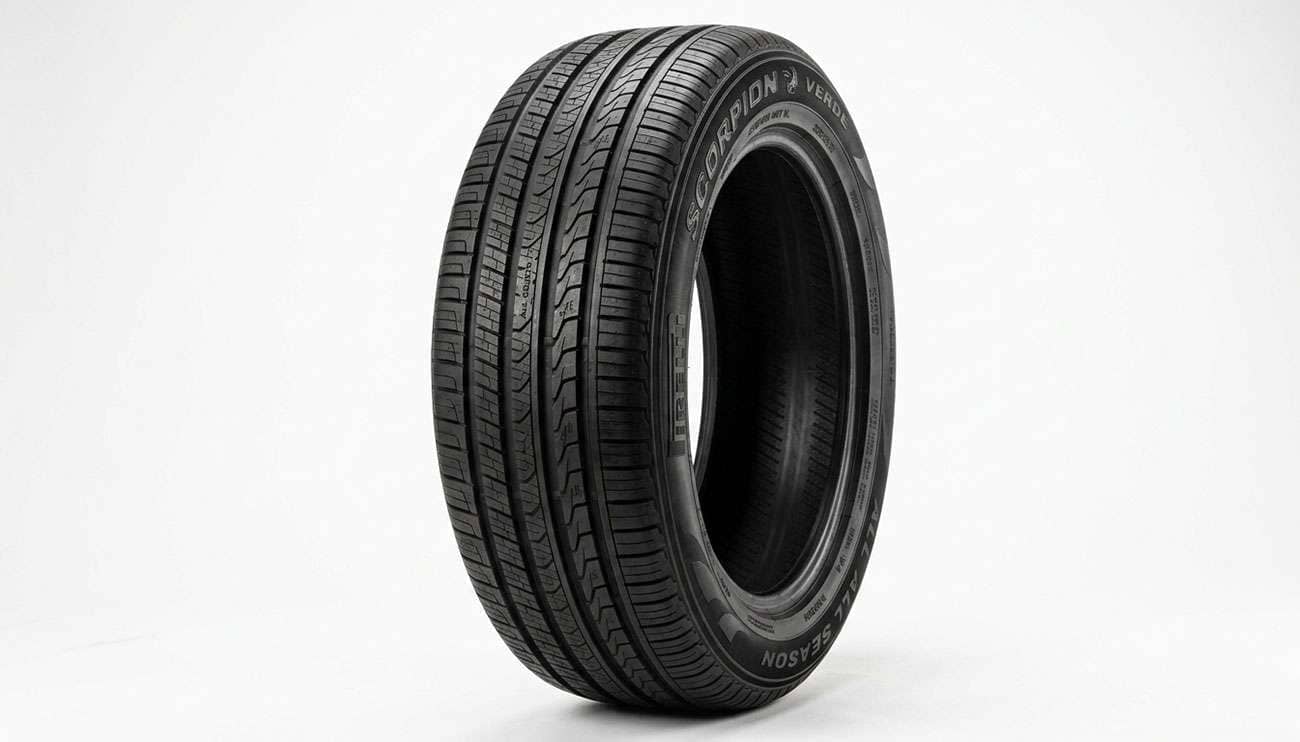 Pirelli Scorpion Verde All Season tire with raised PIRELLI lettering on the sidewall on a clean white seamless backdrop