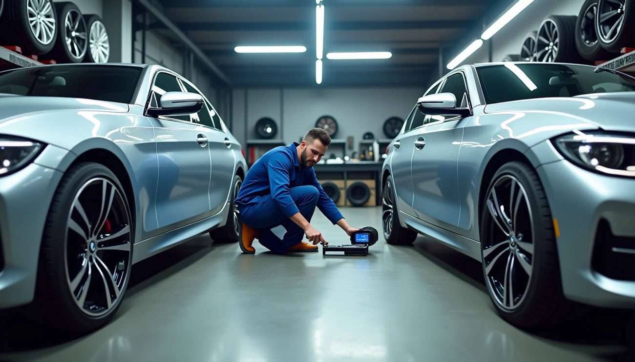 Technician in a garage using a digital tool to measure plus-size wheels and tires on two silver cars for precise fitting