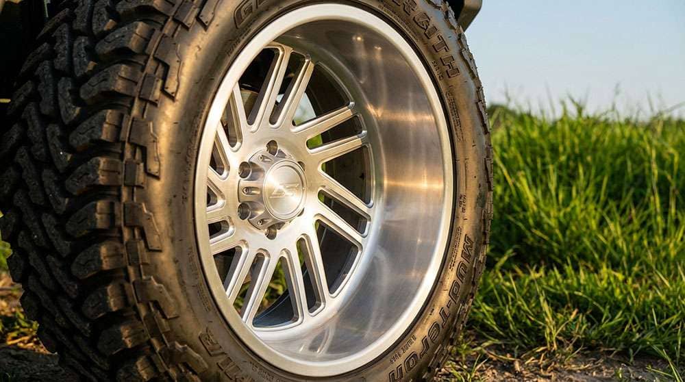 Close-up of a polished forged wheel with an off-road tire on a vehicle parked on grass