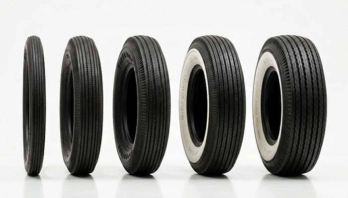 Five popular antique car tires in different sizes standing on a clean white surface with size markings visible