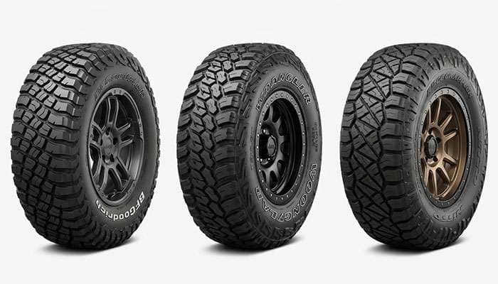 Display of popular aftermarket tire brands for Jeep Wranglers including BFGoodrich, Goodyear, and Nitto