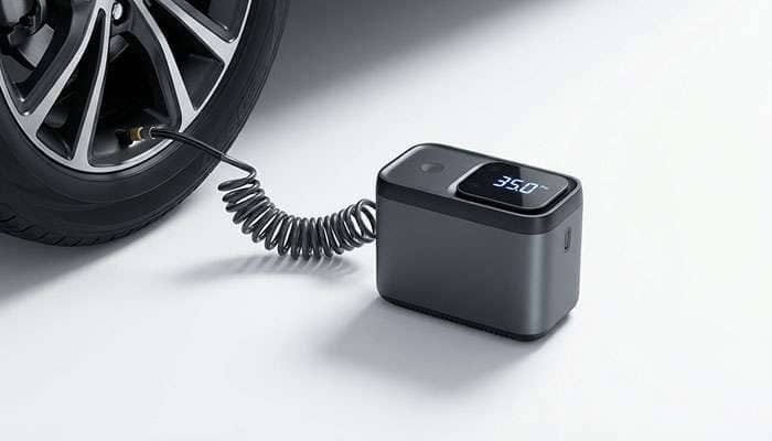 Portable air compressor inflating vehicle tire