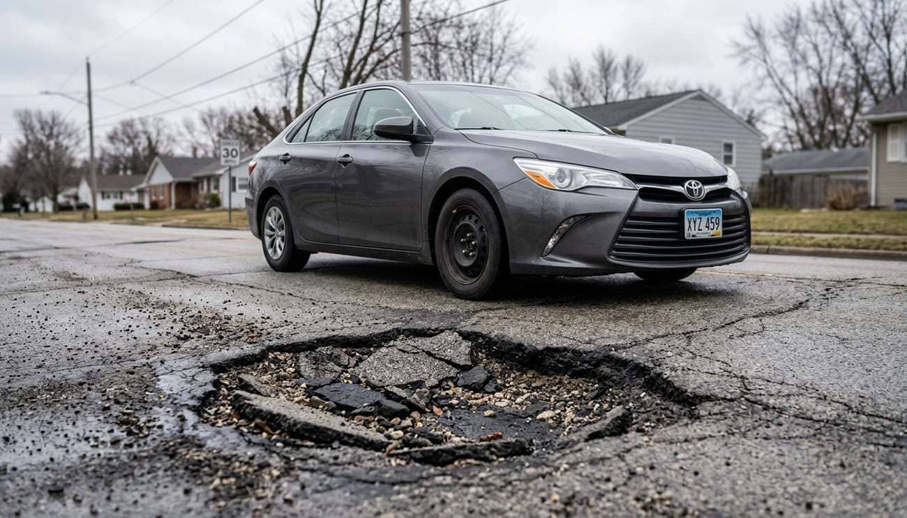 Sedan approaching a deep pothole in a cracked asphalt road surface