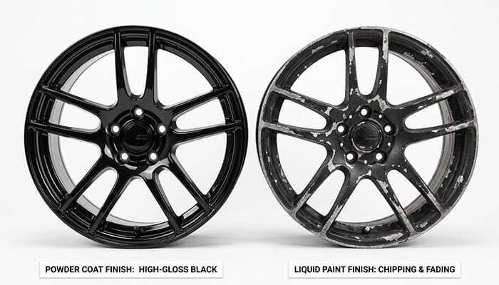 Side by side comparison of powder coated wheel versus painted wheel showing finish quality
