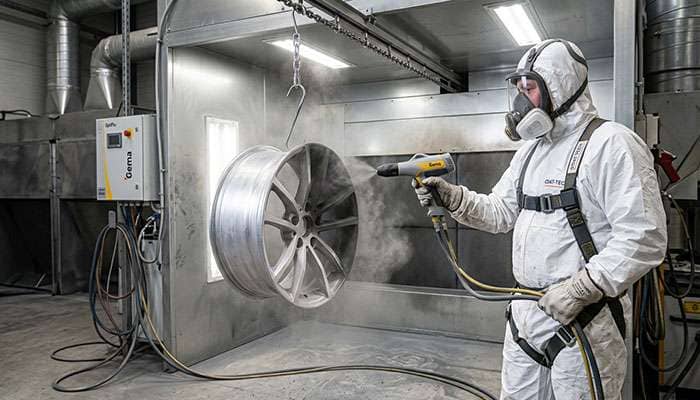 Powder coating process showing wheel being sprayed with electrostatic powder in professional coating booth