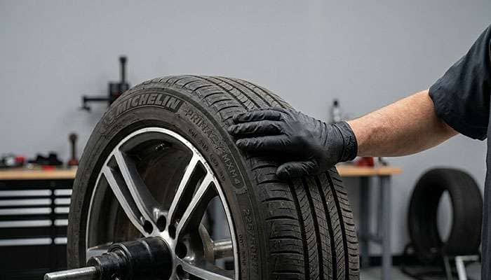 Gloved mechanic hand inspecting car tire sidewall for signs of aging under shop light