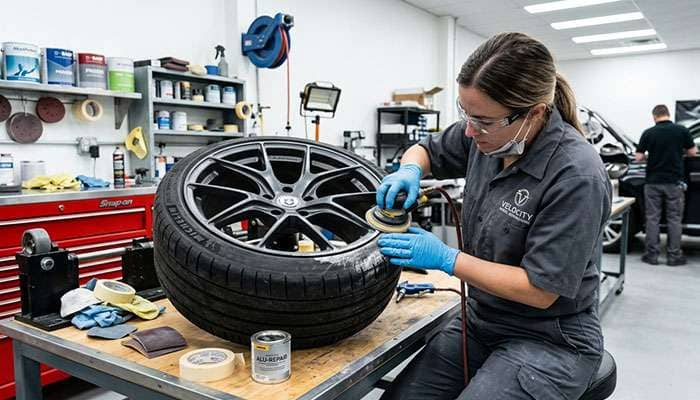 Professional technician using specialized equipment to repair and refinish damaged alloy wheel in automotive shop