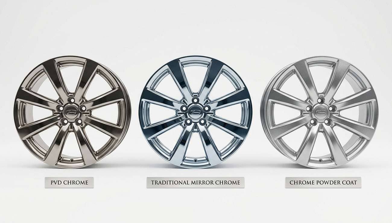 Three chrome-finish wheels side by side representing traditional chrome plating, PVD chrome, and chrome powder coat