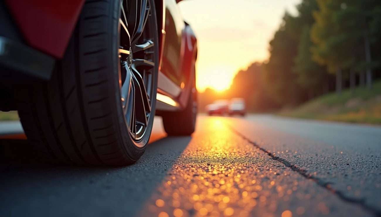 Two black road tires, one mounted on a rim, displayed beside a foam pad on a gray surface demonstrating quiet tire technology