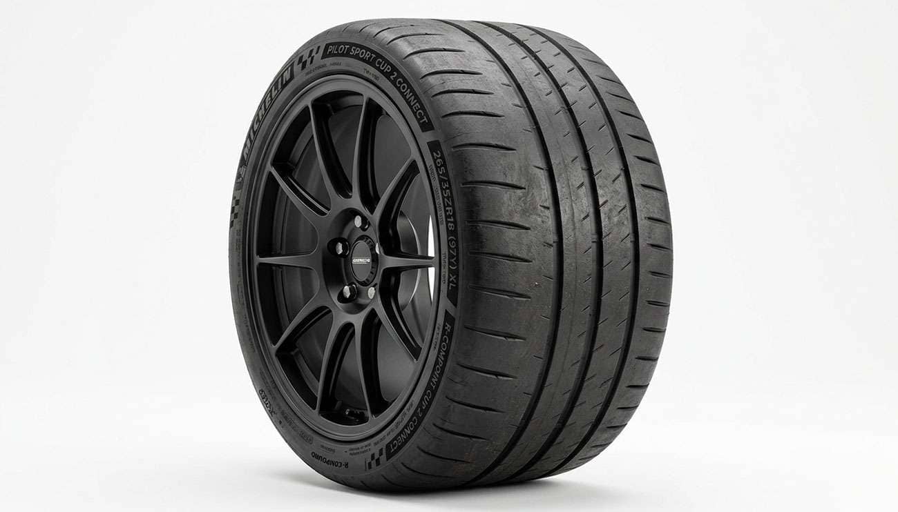 Close-up of an R-compound track tire showing the soft sticky semi-slick tread with minimal grooves on a clean white studio backdrop