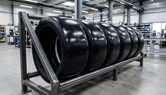 Row of new racing slick tires on a rack inside a race tire production facility