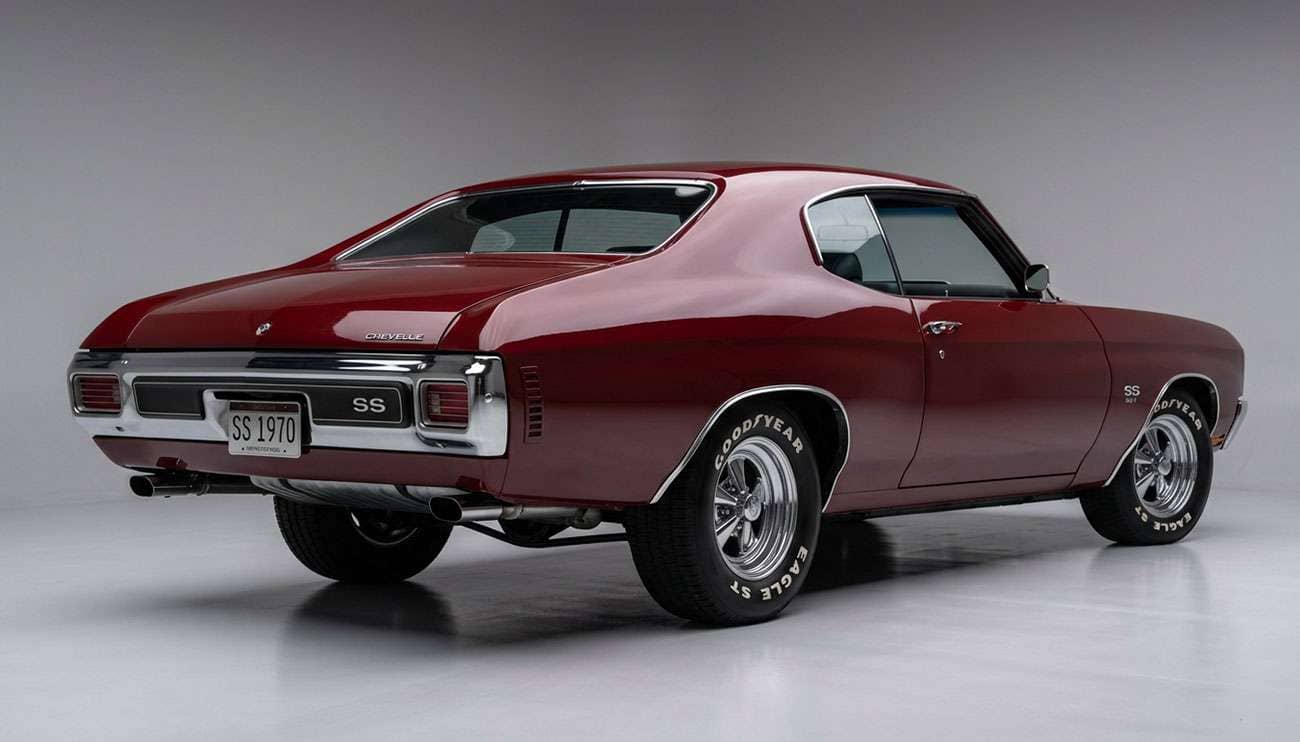 Classic American muscle car with raised white letter tires shown in three-quarter view displaying the bold white lettering on the sidewalls facing outward