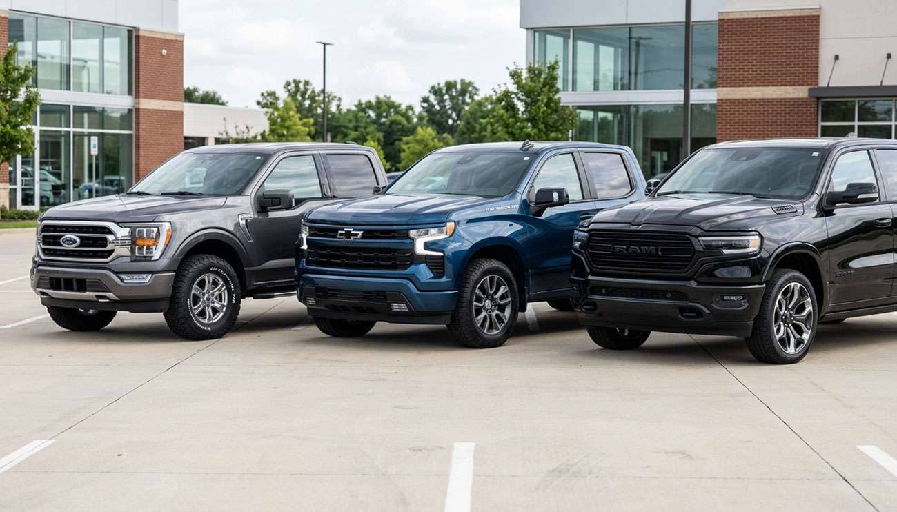 Ram 1500 pickup trucks in three trims parked side by side on 18, 20, and 22-inch wheels