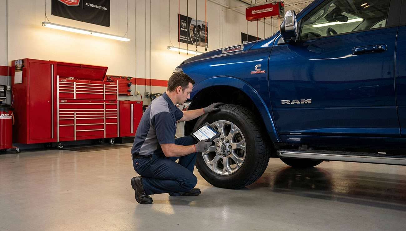 Man inspecting the front tire of a blue Ram 2500 pickup truck in a garage setting with a tablet in hand