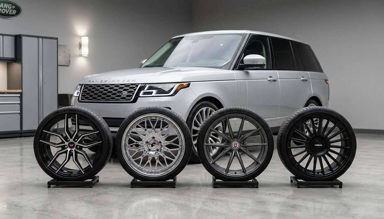 Four different aftermarket Land Rover Range Rover wheels displayed in front of a silver Range Rover SUV in a garage