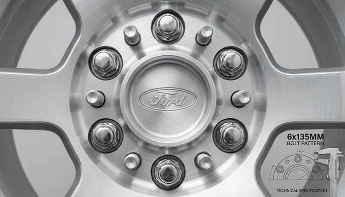 Close-up of a Ford Raptor wheel and tire with the text 'Ford Raptor Bolt Patterns' and an article label