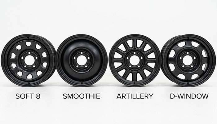 Lineup of classic steel rat rod wheel styles including Soft 8, smoothie, artillery, and D-window on a clean white seamless studio backdrop