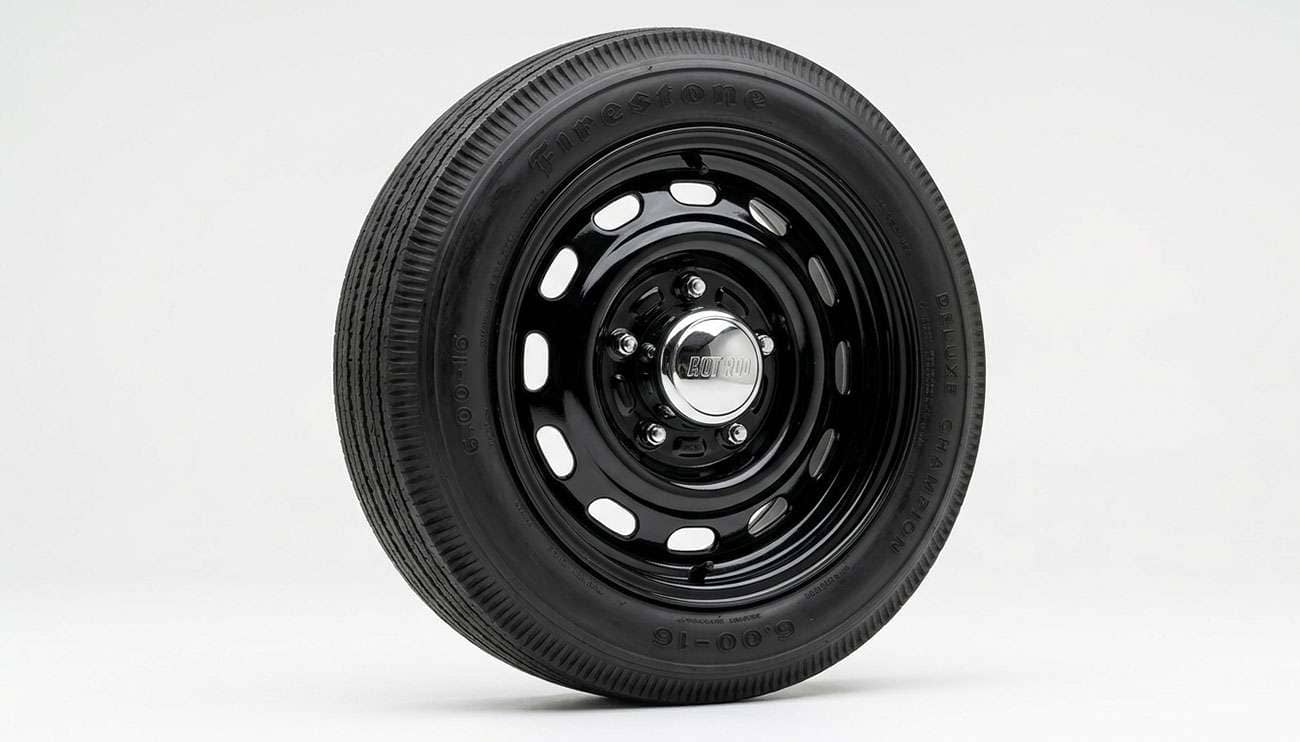 Gloss black Soft 8 steel rat rod wheel on a clean white seamless studio backdrop
